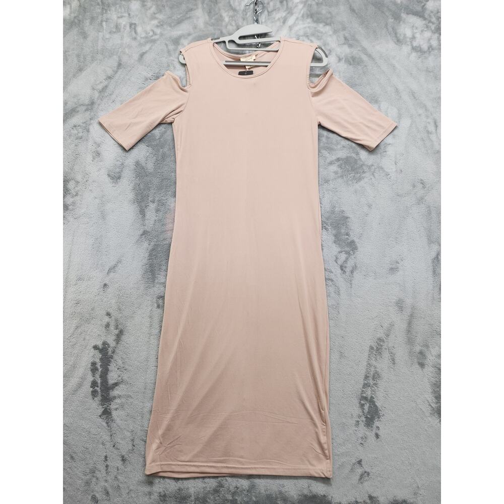 NEW YELETE Dress Womens S Tan Scoop Neck Cold Shoulder Short Sleeve Midi Stretch